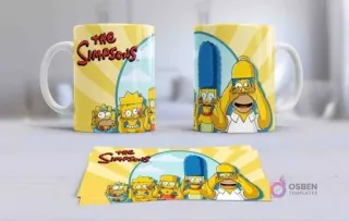 Dos tazas de sublimación con 'The Simpsons' y la familia Simpson (Marge, Homero, Bart, Lisa, Maggie) tapándose los ojos, con la plantilla correspondiente.