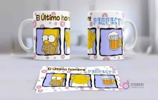Dos tazas de sublimación con el diseño 'El último hombre perfecto' mostrando a Bart y Homero con cervezas y donuts, junto a la plantilla.