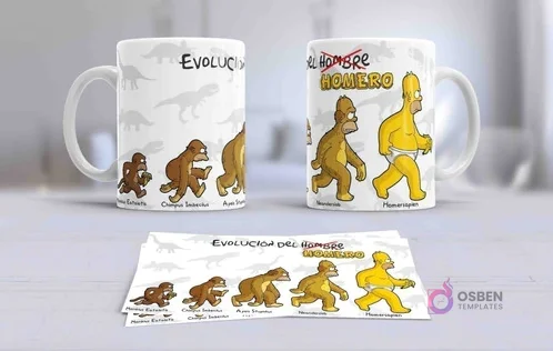 Dos tazas de sublimación con la 'Evolución del Hombre Homero' desde un simio hasta Homero Simpson, con la plantilla de diseño.
