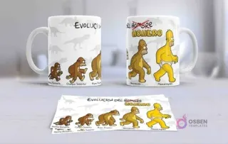 Dos tazas de sublimación con la 'Evolución del Hombre Homero' desde un simio hasta Homero Simpson, con la plantilla de diseño.