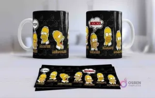 Dos tazas de sublimación en fondo negro con Homero Simpson representando los días de la semana ('Lunes' a 'Domingo') y diferentes expresiones, con la plantilla.