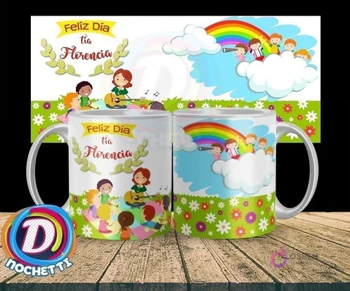 Taza regalo para educadora de párvulos con diseño de maestra tocando guitarra, niños, arcoíris y mensaje 'Feliz Día Tía Florencia'.