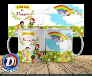 Taza regalo para educadora de párvulos con diseño de maestra tocando guitarra, niños, arcoíris y mensaje 'Feliz Día Tía Florencia'.