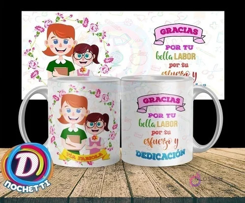 Taza con diseño floral para educadora Tía Fabiola, mostrando a maestra y alumna, con mensaje 'Gracias por tu bella labor y dedicación'.