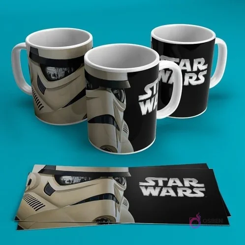 Mugs de sublimación blancos con diseño de Stormtrooper y logo Star Wars sobre fondo azul, mostrando plantillas.