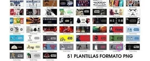 Muestra visual de 51 diseños PNG de Star Wars para sublimación de tazas, variedad de personajes y frases.