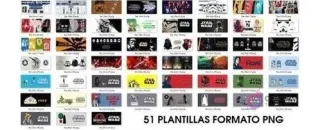 Muestra visual de 51 diseños PNG de Star Wars para sublimación de tazas, variedad de personajes y frases.