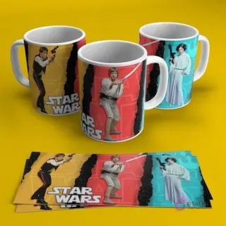 Mugs de sublimación con los personajes clásicos de Star Wars: Han Solo, Luke Skywalker, Princesa Leia, sobre fondo amarillo y rojo, estilo retro.