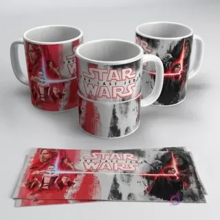 Mugs de sublimación con collage de personajes de 'Star Wars: The Last Jedi', incluyendo Luke, Rey y Kylo Ren, con efectos de pinceladas rojas y blancas.