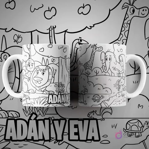 Dos tazas blancas sublimadas con diseño para colorear de Adán y Eva en el Jardín del Edén, con un león sonriente y otros animales. Texto 'ADÁN Y EVA' en primer plano.