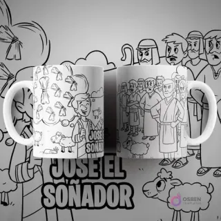 Dos tazas blancas para colorear con diseño de José el Soñador, mostrando a José con ovejas y a sus hermanos. Texto 'JOSÉ EL SOÑADOR' prominentemente.