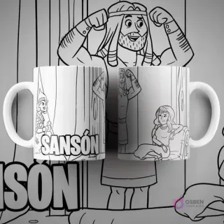 Dos tazas blancas con diseño de sublimación para colorear del personaje bíblico Sansón, mostrando su fuerza y una mujer sentada. Texto 'SANSÓN' en mayúsculas.