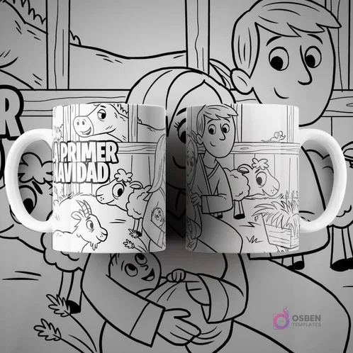 Dos tazas blancas con diseño de 'La Primera Navidad' para colorear, mostrando a María, José, el niño Jesús y animales de granja. Texto 'LA PRIMERA NAVIDAD' en la taza.