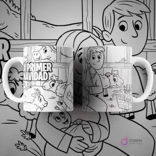 Dos tazas blancas con diseño de 'La Primera Navidad' para colorear, mostrando a María, José, el niño Jesús y animales de granja. Texto 'LA PRIMERA NAVIDAD' en la taza.