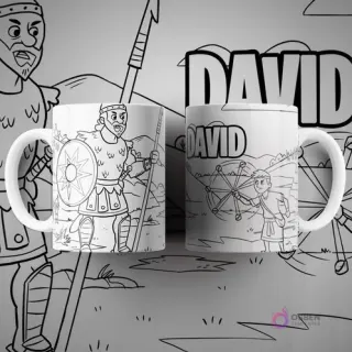 Dos tazas blancas sublimadas con diseño para colorear de David y Goliat, mostrando al guerrero con armadura y David con su honda. Texto 'DAVID' destacado.