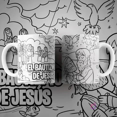 Dos tazas blancas con diseño para colorear de El Bautismo de Jesús, mostrando a Juan el Bautista y Jesús en el agua, con una paloma. Texto 'EL BAUTIZMO DE JESÚS'.