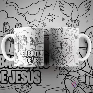 Dos tazas blancas con diseño para colorear de El Bautismo de Jesús, mostrando a Juan el Bautista y Jesús en el agua, con una paloma. Texto 'EL BAUTIZMO DE JESÚS'.