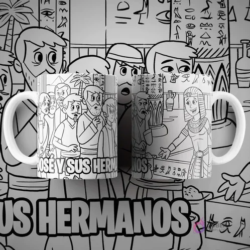Dos tazas blancas con diseño para colorear de José y sus hermanos en Egipto, con figuras egipcias y jeroglíficos en el fondo. Texto 'JOSÉ Y SUS HERMANOS'.