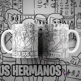 Dos tazas blancas con diseño para colorear de José y sus hermanos en Egipto, con figuras egipcias y jeroglíficos en el fondo. Texto 'JOSÉ Y SUS HERMANOS'.