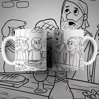 Dos tazas blancas con diseño para colorear de La Última Cena, mostrando a Jesús y sus discípulos sentados a la mesa. Detalles de pan y vino.