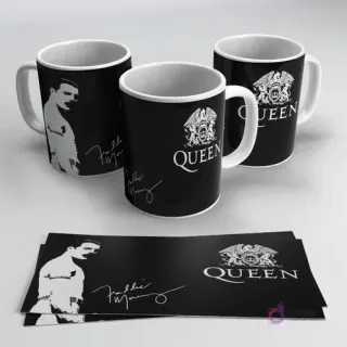 Mugs negros sublimados con diseños de Queen, Freddie Mercury y firma, junto a hojas de sublimación.