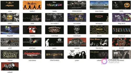 Vista en cuadrícula de 31 diseños de bandas de rock y metal para sublimar tazas, incluyendo logos de Anthrax, Beatles, Metallica, Nirvana, Queen.