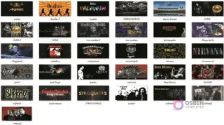 Vista en cuadrícula de 31 diseños de bandas de rock y metal para sublimar tazas, incluyendo logos de Anthrax, Beatles, Metallica, Nirvana, Queen.