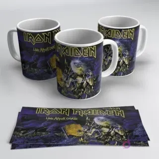Mugs oscuros sublimados con la portada del álbum 'Live After Death' de Iron Maiden, presentando a Eddie the Head.