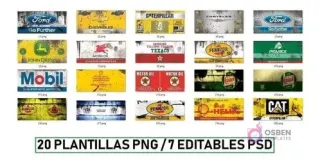 Vista de cuadrícula con 20 plantillas de sublimación en formato rectangular, mostrando logos vintage de marcas como Ford, Chevrolet, Caterpillar, Mobil, John Deere, Pennzoil y Texaco, con texto indicando '20 Plantillas PNG / 7 Editables PSD'.