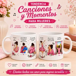Muestra de diseños de sublimación para tazas con ilustraciones de mujeres en momentos cotidianos y frases inspiradoras de canciones. Se ven dos tazas blancas con mujeres bailando, llorando, siendo superheroínas y disfrutando el amanecer. Ideal para sublimar.
