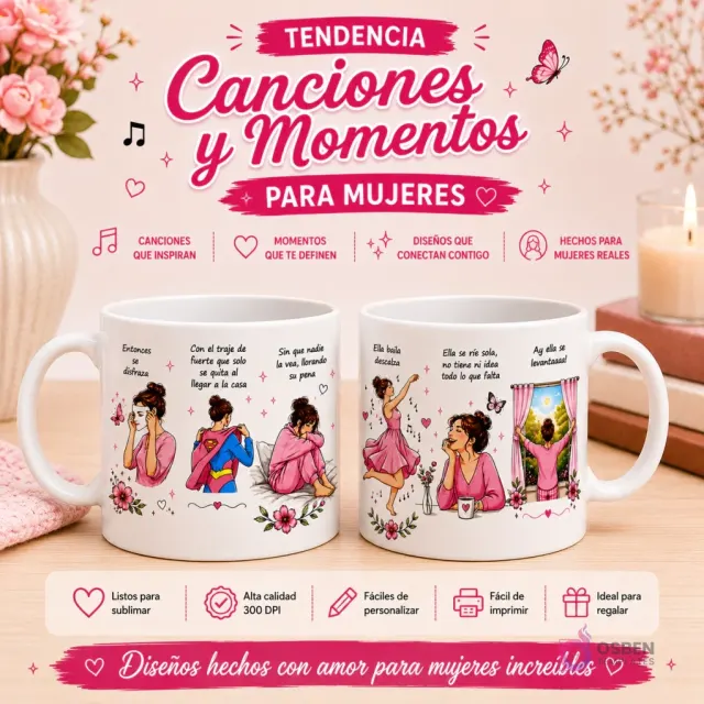 Muestra de diseños de sublimación para tazas con ilustraciones de mujeres en momentos cotidianos y frases inspiradoras de canciones. Se ven dos tazas blancas con mujeres bailando, llorando, siendo superheroínas y disfrutando el amanecer. Ideal para sublimar.