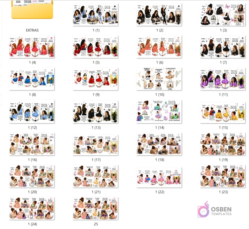 Galería de 25 diseños individuales para sublimar tazas, mostrando diversas ilustraciones de mujeres en situaciones cotidianas, diferentes estilos y frases inspiradoras. Se aprecian detalles como mujeres con café, libros, mascotas y atuendos variados.