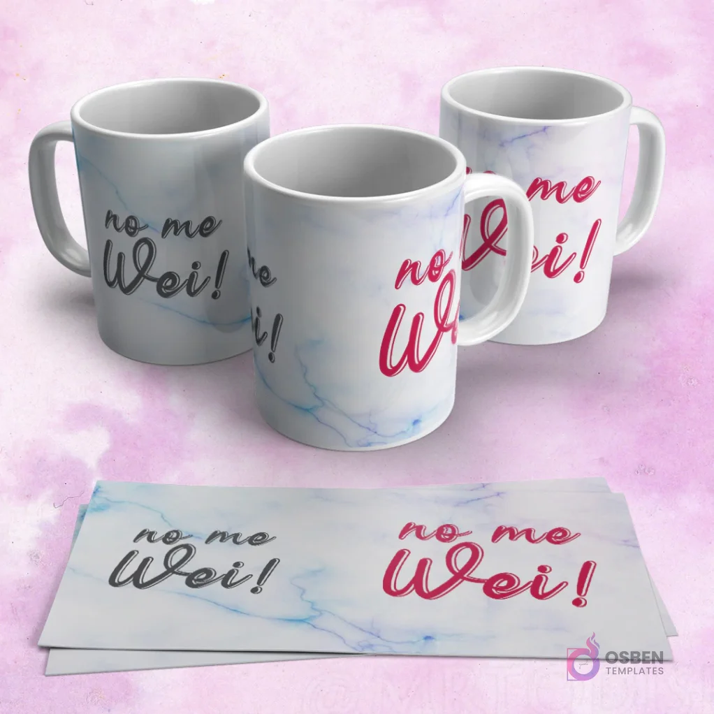 Tres tazas blancas con un diseño de efecto mármol y las frases "no me Wei!" en negro y rojo. Abajo, dos papeles mostrando el diseño extendido de la frase "no me Wei!" sobre fondo de mármol.