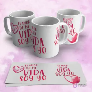 Tres tazas blancas con el diseño "EL AMOR DE MI VIDA SOY YO" y un corazón en tonos acuarela rosados. Dos papeles mostrando la plantilla completa con el diseño de corazón acuarela.