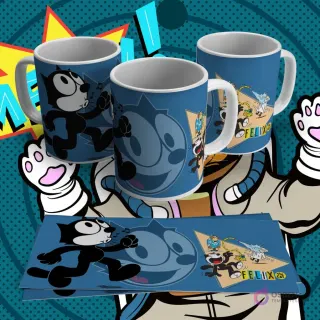 Tres tazas blancas con diseño de sublimación de Felix el Gato bailando y con notas musicales, en un estilo azul retro con fondos de burbujas. Incluye lámina plana del diseño.