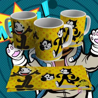 Tres tazas blancas con diseño de sublimación de Felix el Gato en varias poses, con un patrón amarillo y rojo tipo Louis Vuitton de fondo. Incluye lámina plana del diseño.