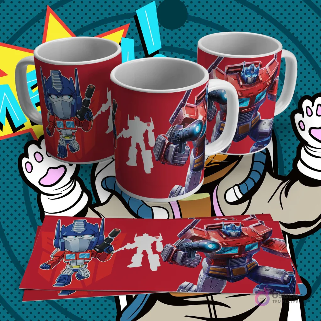 Tres tazas blancas con diseño de sublimación de Optimus Prime en versión chibi, con fondo rojo y una silueta de Transformer. Incluye lámina plana del diseño.