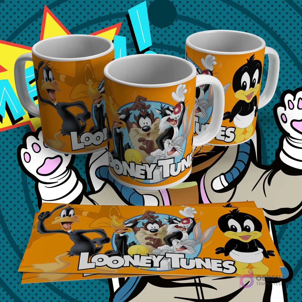 Tres tazas blancas con diseño de sublimación del Pato Lucas en varias poses y un grupo de Looney Tunes con el logo, sobre un fondo naranja. Incluye lámina plana del diseño.