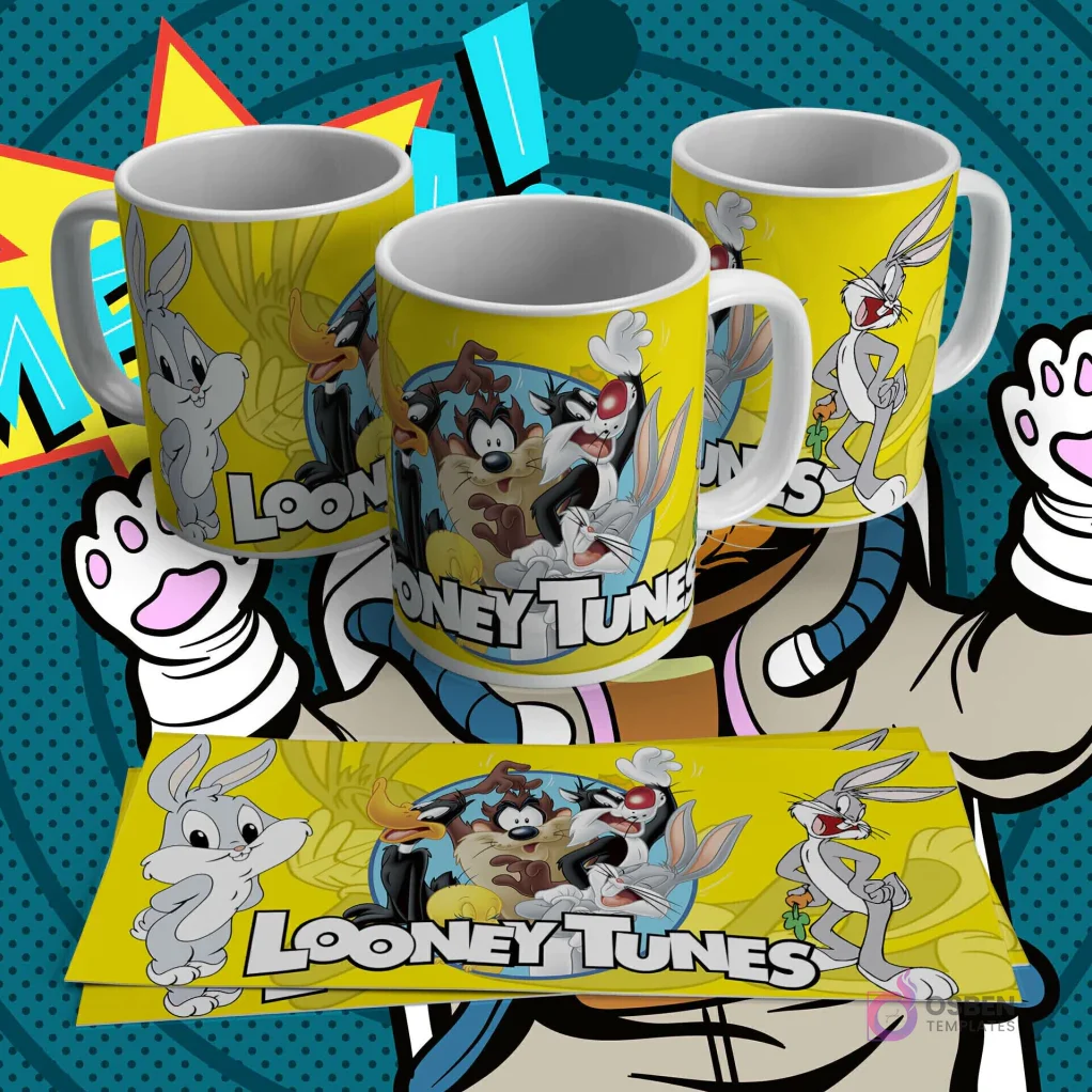 Tres tazas blancas con diseño de sublimación de Baby Bugs Bunny, el Pato Lucas y un grupo de Looney Tunes con el logo, sobre un fondo amarillo. Incluye lámina plana del diseño.