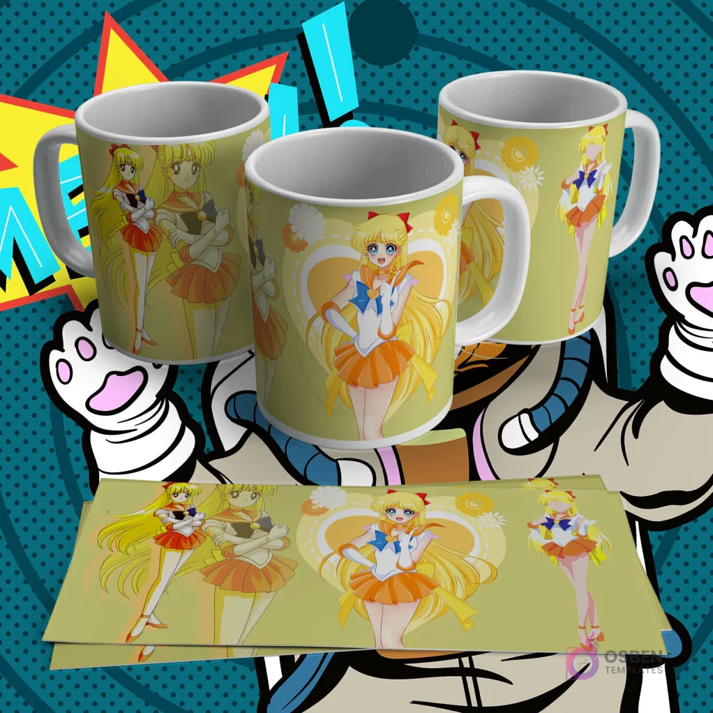 Tres tazas blancas con diseño de sublimación de Sailor Venus en diferentes poses, con corazones y estrellas sobre un fondo verde claro. Incluye lámina plana del diseño.