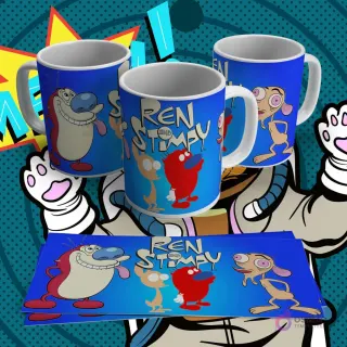 Tres tazas blancas con diseño de sublimación de Ren y Stimpy en varias poses con el logo 'Ren & Stimpy', sobre un fondo azul degradado. Incluye lámina plana del diseño.