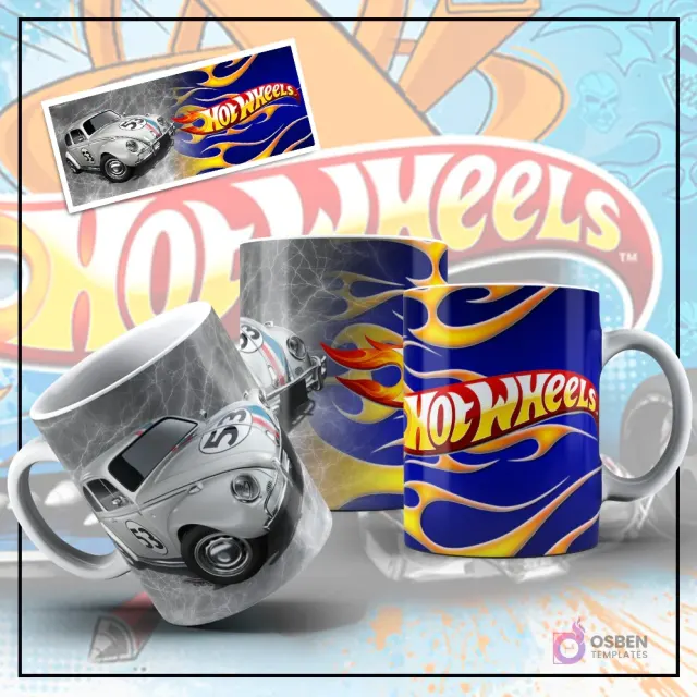 Mockup de taza sublimada con diseño de Hot Wheels, mostrando un clásico Volkswagen Beetle blanco con franjas de carreras sobre un fondo gris texturizado. Otra taza con el logo de Hot Wheels y llamas azules y amarillas, y una imagen plana del diseño del Beetle.