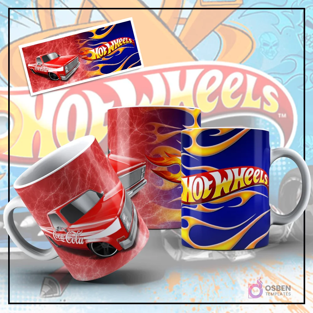 Mockup de taza sublimada con diseño de Hot Wheels, mostrando una camioneta pickup roja estilo Coca-Cola sobre un fondo rojo texturizado. Otra taza con el logo de Hot Wheels y llamas azules y amarillas, y una imagen plana del diseño de la camioneta roja.