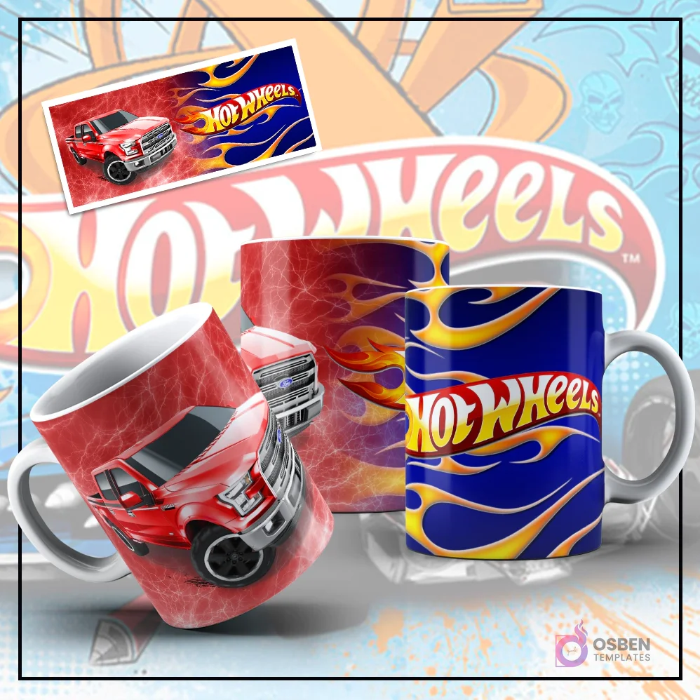 Mockup de taza sublimada con diseño de Hot Wheels, mostrando una camioneta Ford F-150-like roja sobre un fondo rojo texturizado. Otra taza con el logo de Hot Wheels y llamas azules y amarillas, y una imagen plana del diseño de la camioneta F-150.