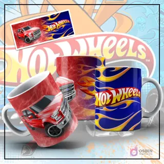 Mockup de taza sublimada con diseño de Hot Wheels, mostrando una camioneta Ford F-150-like roja sobre un fondo rojo texturizado. Otra taza con el logo de Hot Wheels y llamas azules y amarillas, y una imagen plana del diseño de la camioneta F-150.