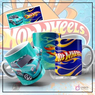 Mockup de taza sublimada con diseño de Hot Wheels, mostrando un Mini Cooper teal con números de carrera sobre un fondo verde agua texturizado. Otra taza con el logo de Hot Wheels y llamas azules y amarillas, y una imagen plana del Mini Cooper teal.