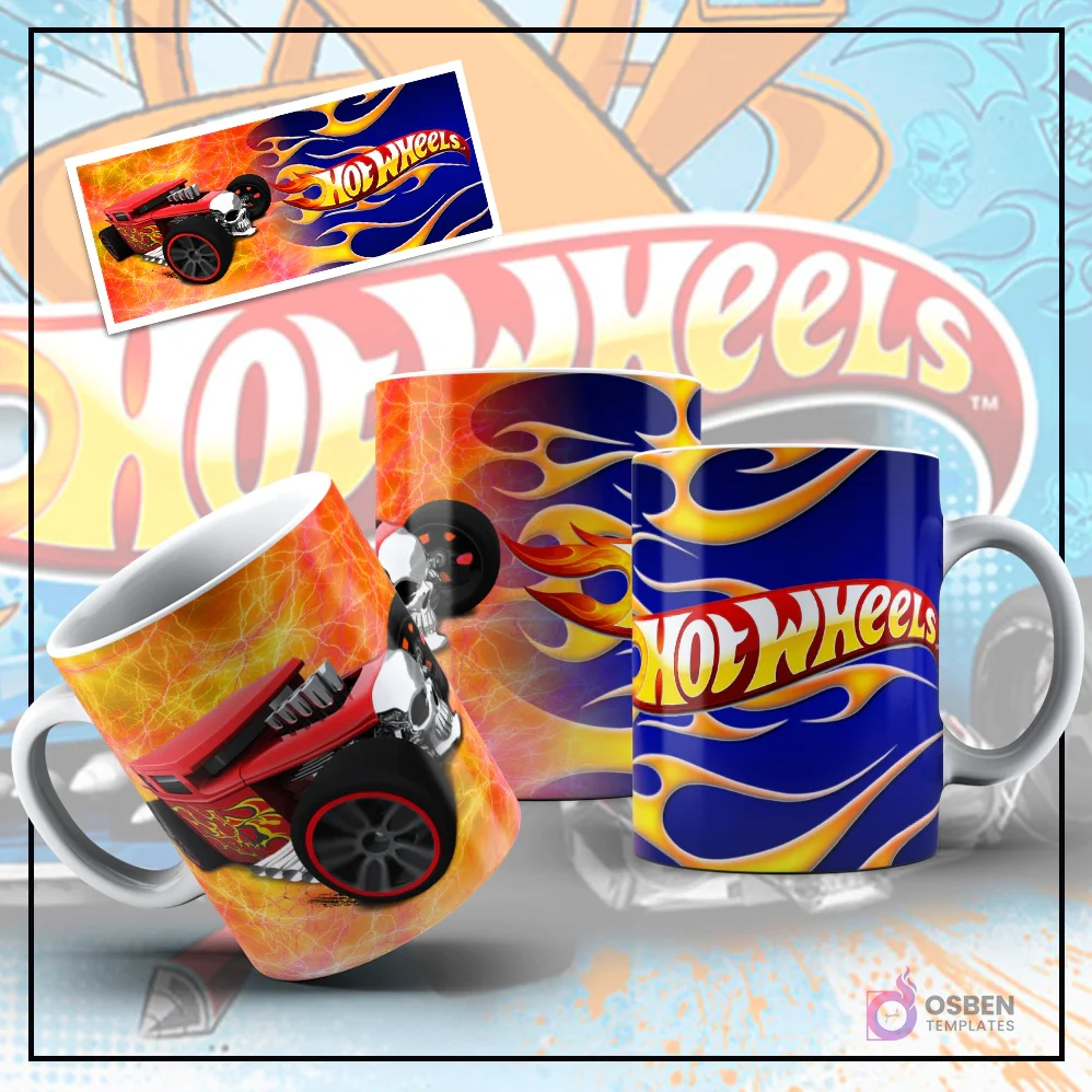 Mockup de taza sublimada con diseño de Hot Wheels, mostrando un hot rod rojo con motor expuesto y calaveras sobre un fondo naranja texturizado. Otra taza con el logo de Hot Wheels y llamas azules y amarillas, y una imagen plana del hot rod rojo con calaveras.