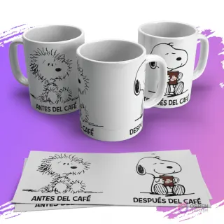 Tres tazas sublimadas con Snoopy 'ANTES DEL CAFÉ' (despeinado) y 'DESPUÉS DEL CAFÉ' (alegre con taza). Una plantilla de sublimación se muestra debajo.