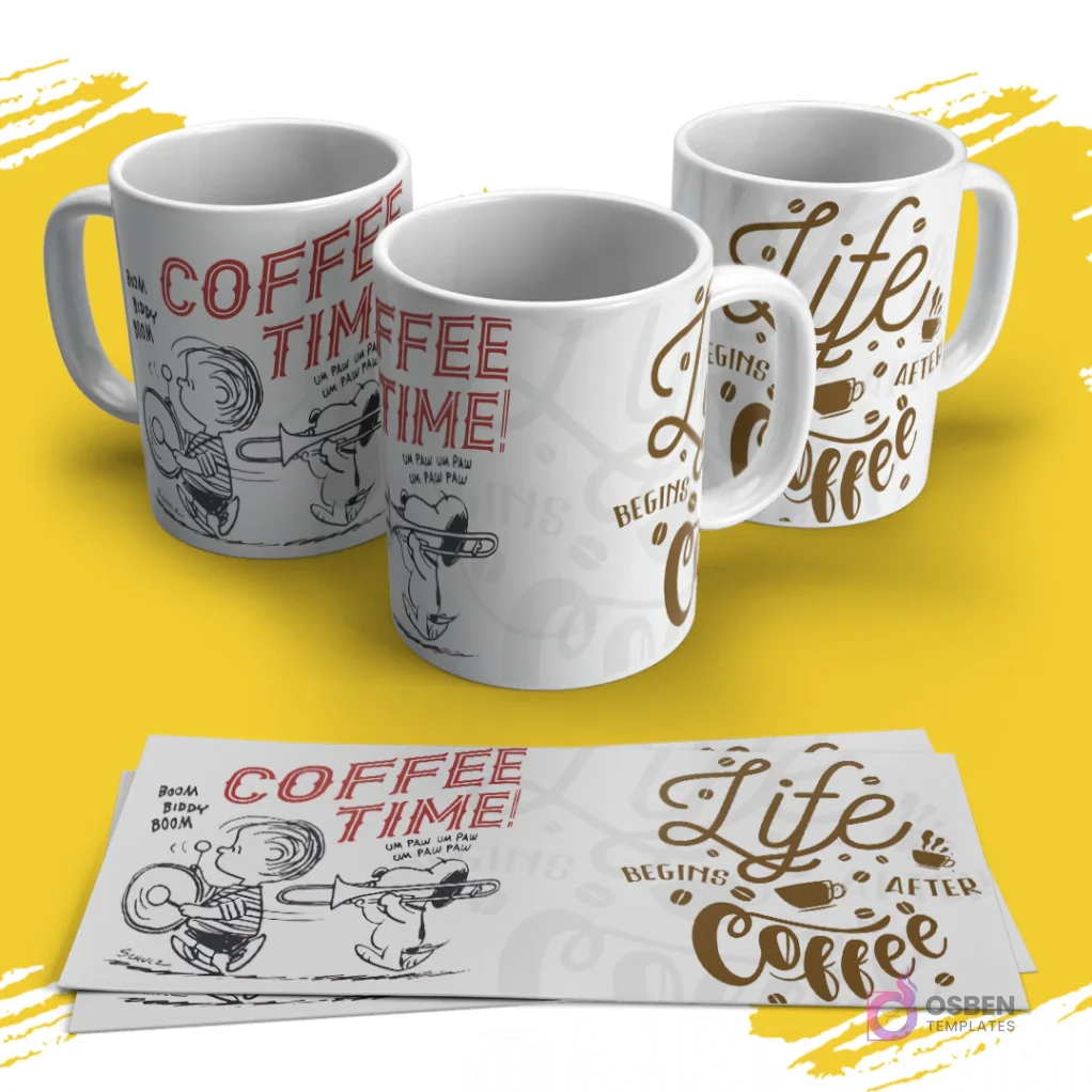 Tres tazas sublimadas con Charlie Brown tocando un instrumento, 'COFFEE TIME!' y 'Life Begins After Coffee'. Una plantilla de sublimación se muestra debajo.