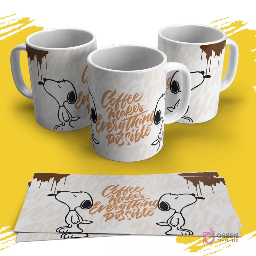 Tres tazas sublimadas con Snoopy y la frase 'Coffee makes everything possible' con salpicaduras. Una plantilla de sublimación se muestra debajo.